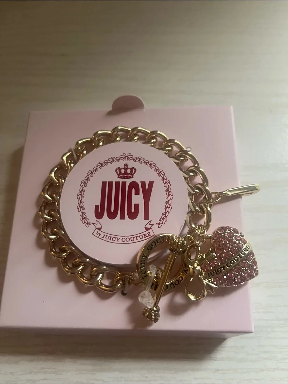 Juicy Couture Gold-Tone Bracelet with Pink Pavé Heart  Charm